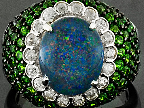 Pre-Owned Oval Opal Triplet With 1.76ctw Chrome Diopside With .82ctw White Zircon Silver Ring - Size 6