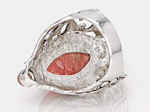 Pre-Owned 20x10mm Marquise And 4mm Round Cabochon Rhodochrosite Sterling Silver Ring - Size 8