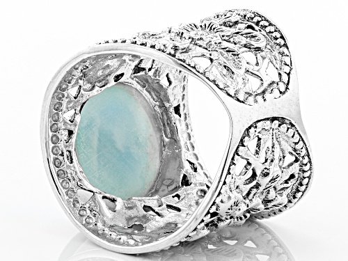 Pre-Owned Round Cabochon Larimar Sterling Silver Wide Floral Design Band Ring - Size 8
