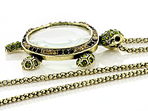Pre-Owned Off Park ® Collection Multicolor Crystal Antiqued Gold Tone Turtle Magnifying Glass Neckla