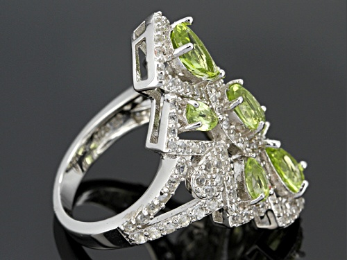 Pre-Owned 2.26ctw Oval And Pear Shape Manchurian Peridot™, 1.06ctw Round White Topaz Silver Ring - Size 5