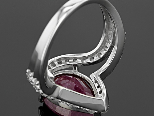 Pre-Owned 5.84ct Pear Shape Indian Ruby And 1.06ctw Round White Zircon Sterling Silver Ring - Size 12
