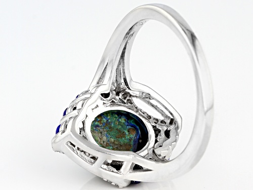 Pre-Owned 10x8mm Oval Azurmalachite, 2.5mm Lapis Lazuli and .08ctw White Zircon Rhodium Over Silver - Size 9