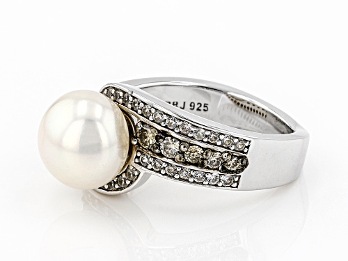Pre-Owned 9.5-10mm White Cultured Freshwater Pearl With Diamonds & Zircon Rhodium Over Sterling Silv - Size 7