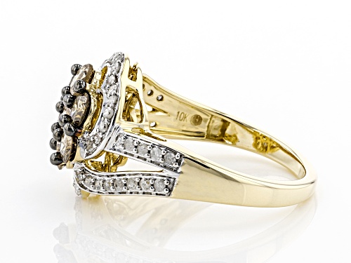 Pre-Owned 1.38ctw Round Champagne & White Diamond 10K Yellow Gold Cluster Ring - Size 6
