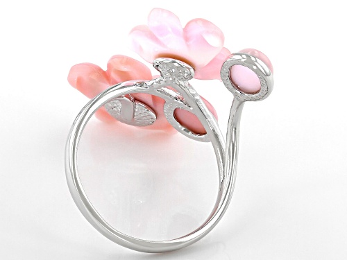 Pre-Owned 5-15mm Pink Conch Shell Rhodium Over Sterling Silver Floral Ring - Size 8