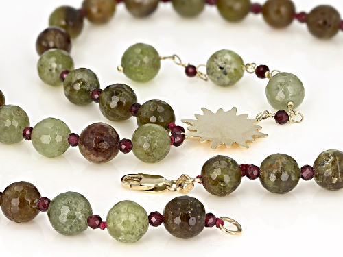 Approximately 200.00ctw Green And 6.50ctw Red Garnet Bead 10k Gold Sun Necklace - Size 20