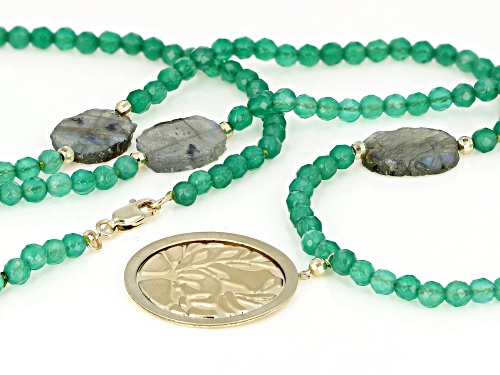 4mm Green Agate & Labradorite Slice 10K Gold Tree of Life Bead Necklace - Size 32