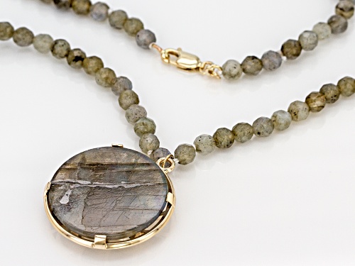 25mm Cabochon 9.5mm and 4mm Round Bead Labradorite 10k Gold Necklace - Size 30