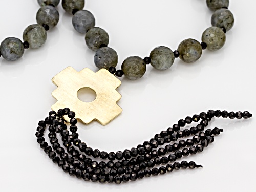 Labradorite Bead & Black Spinel Tassel 10k Gold Chakana Cross Necklace - Size 24