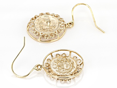 10k Yellow Gold Coin Design Dangle Earrings