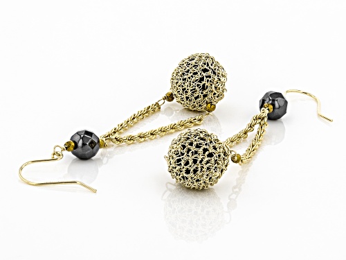 10mm Round Gold Mesh Covered Black Onyx, 6mm Hematine & 2mm Golden Pyrite Beads 10k Gold Earrings