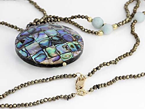 Mosaic Abalone Shell ,6mm Amazonite, 2mm Pyrite 10k Gold Necklace - Size 30
