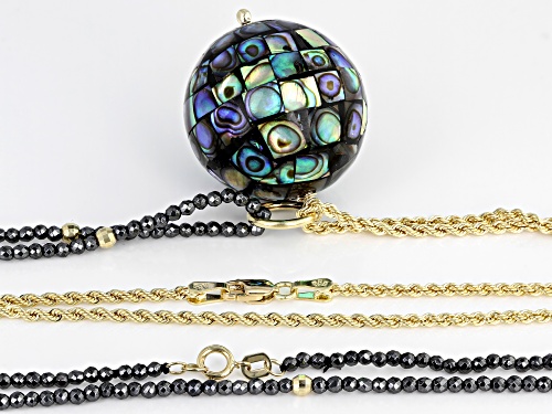 Mosaic Abalone Shell Pendant, 2mm Round Hematine Bead & 10k Gold Chain - Size 30