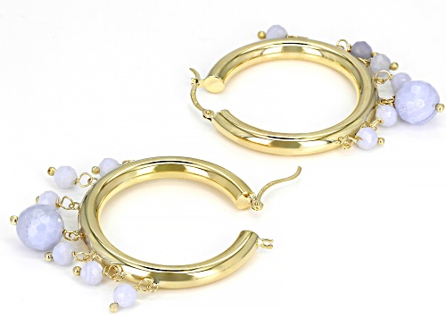 4mm and 8mm Round Blue Lace Agate Bead 10k Yellow Gold Hoop Earrings