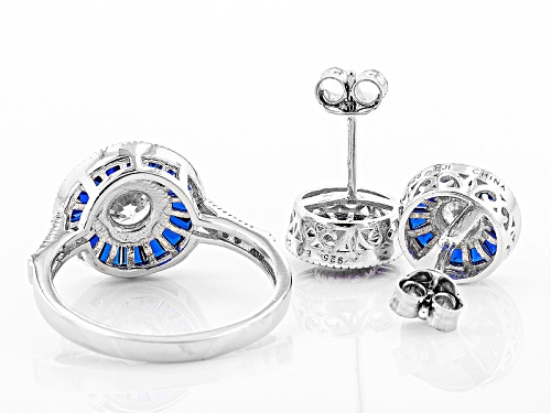 Pre-Owned Bella Luce® 3.09ctw Sapphire & White Diamond Simulants Rhodium Over Silver Ring And Earrin
