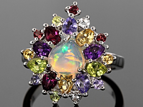 Pre-Owned .85ct Heart Cabochon Ethiopian Opal And 2.26ctw  Multi Stone Sterling Silver Ring - Size 12