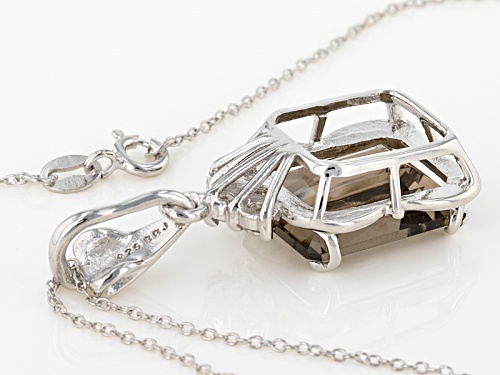 9.13ct Emerald Cut Smoky Quartz And .37ctw Round White Topaz Sterling Silver Pendant With Chain