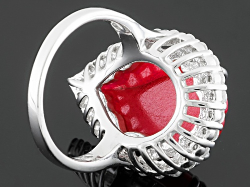 20x15mm Pear Shape Carved Red Onyx With 1.30ctw Round White Zircon Sterling Silver Floral Ring - Size 7