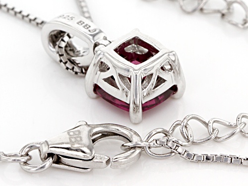1.43ct Square Cushion Raspberry color Rhodolite With .03ctw Round Zircon Silver Pendant With Chain