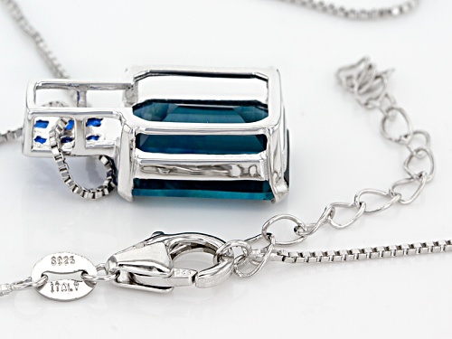 8.50ct Emerald Cut Teal Fluorite And .29ctw Square Lab Created Blue Spinel Silver Pendant With Chain