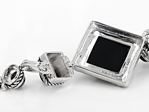 1.80ctw Oval Cabochon Black Ethiopian Opal And 15mm Square Cushion Black Onyx Silver Bracelet - Size 8