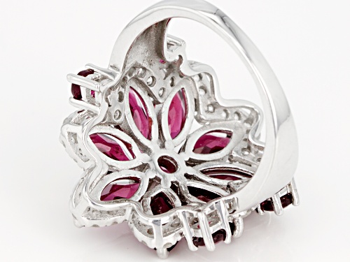 5.28ctw Marquise And Round Raspberry Color Rhodolite With .51ctw Zircon Rhodium Over Silver Ring - Size 8