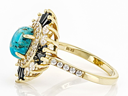 2.00ctw Turquoise, Black Spinel And White Zircon 18k Yellow Gold Over Sterling Silver Ring - Size 7