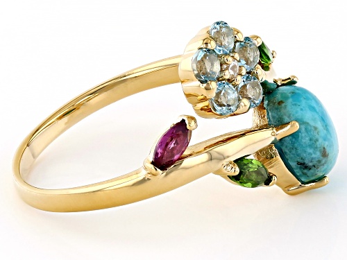 Multi Gem 18k Yellow Gold Over Sterling Silver Bypass Flower Ring - Size 7