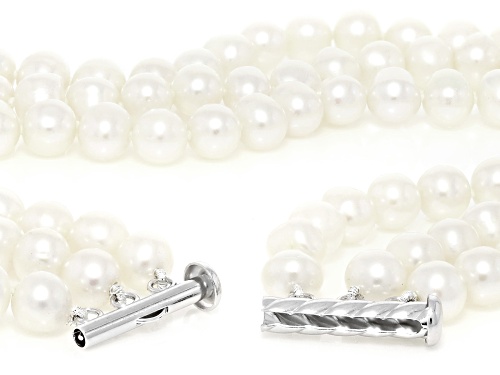 7mm White Cultured Freshwater Pearl Rhodium Over Sterling Silver 18 Inch Multi-Strand Necklace - Size 18