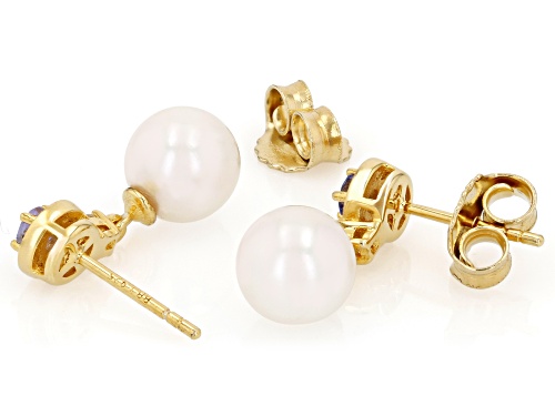 7.5mm White Cultured Japanese Akoya Pearl With Tanzanite & Zircon 18k Gold Over Silver Earrings