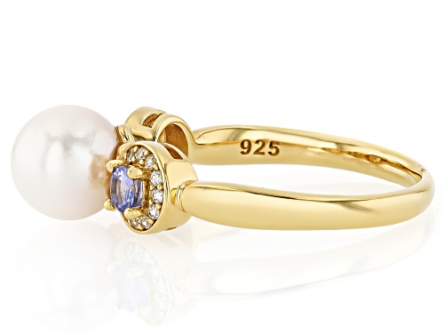 7.5mm White Cultured Japanese Akoya Pearl With Tanzanite & Zircon 18k Yellow Gold Over Silver Ring - Size 7