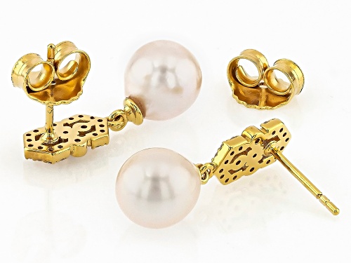 7.5mm White Cultured Japanese Akoya Pearl With Tanzanite & Zircon 18k Gold Over Silver Earrings