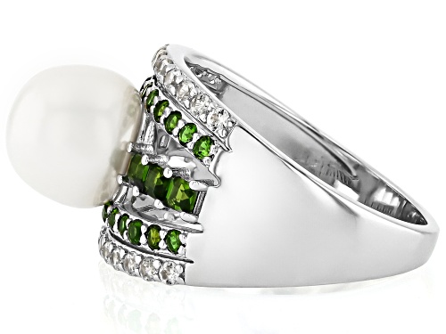 9mm White Cultured Freshwater Pearl With Chrome Diopside & Zircon 18k Yellow Gold Over Silver Ring - Size 7