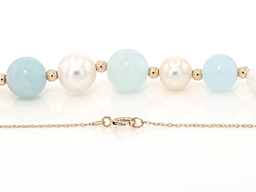 6-10.5mm White Cultured Freshwater Pearl With Aquamarine 14k Yellow Gold 18 Inch Necklace - Size 18