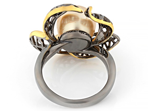 10mm Golden Cultured South Sea Pearl Rhodium & 18k Gold Over Sterling Silver Ring - Size 9