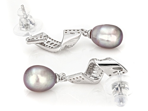 Purple Cultured Freshwater Pearl With White Topaz Rhodium Over Sterling Silver Earrings