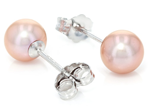 6.5mm Pink Cultured Freshwater Pearl Rhodium Over Sterling Silver Stud Earrings