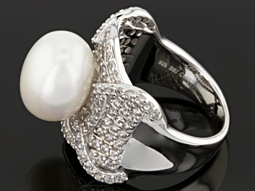 12mm White Cultured Freshwater Pearl With 0.96ctw White Zircon Rhodium Over Silver Ring - Size 11