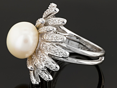 12.5mm White Cultured Freshwater Pearl With 1.67ctw White Zircon Rhodium Over Silver Ring - Size 12