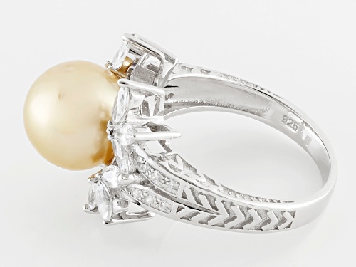 10mm Golden Cultured South Sea Pearl With 1.7ctw Bella Luce® Rhodium Over Silver Ring - Size 12