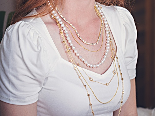 9-10mm White Cultured Freshwater Pearl Rhodium Over Sterling Silver 24 Inch Strand Necklace - Size 24