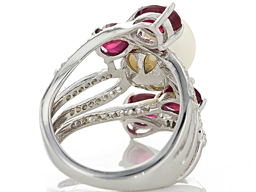 9.5-10mm Cultured Freshwater Pearl & 2.32ctw Mahaleo Ruby & .56ctw Zircon Rhodium Over Silver Ring - Size 4