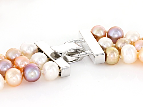 7-7.5mm White, Lavender & Peach Cultured Freshwater Pearl Rhodium Over Silver Three-Strand Necklace - Size 18