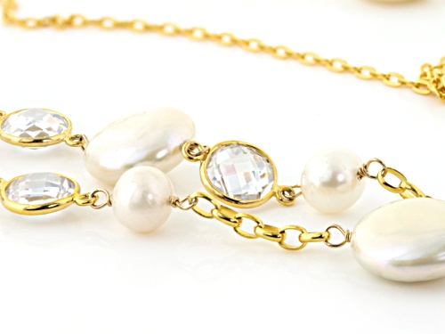 7-14mm White Cultured Freshwater Pearl With Crystal, 18k Yellow Gold Over Sterling Silver Necklace - Size 18