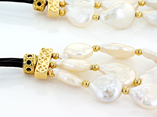 13-14mm Cultured Freshwater Pearl 18k Yellow Gold Over Silver Multi-Strand Leather Cord 18