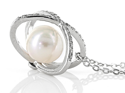7.5-8mm Cultured Japanese Akoya Pearl With 0.19ctw Topaz Rhodium Over Silver Pendant With 18