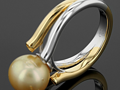 10mm Golden Cultured South Sea Pearl & White Topaz Rhodium & 18k Yellow Gold Over Silver Ring - Size 12