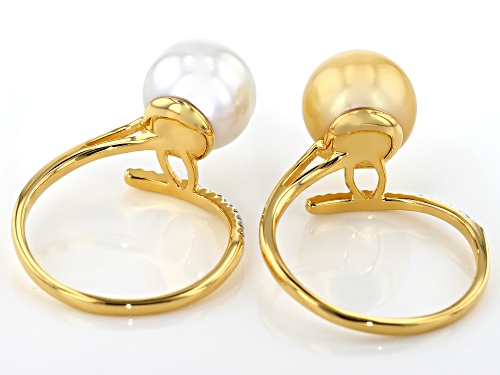 10mm White & Golden Cultured South Sea Pearl & White Topaz 18k Yellow Gold Over Silver Ring Set Of 2 - Size 11