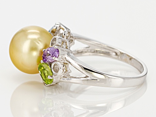 9-10mm Golden Cultured South Sea Pearl & Multigem Rhodium Over Sterling Silver Ring - Size 10